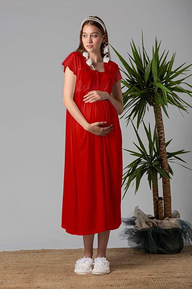 Comfortable Cut Maternity Nightgown with Cotton Breastfeeding Feature Effortt - Cherry