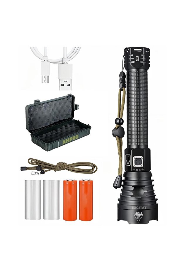 LED Flashlight, USB Charging, Black - 1