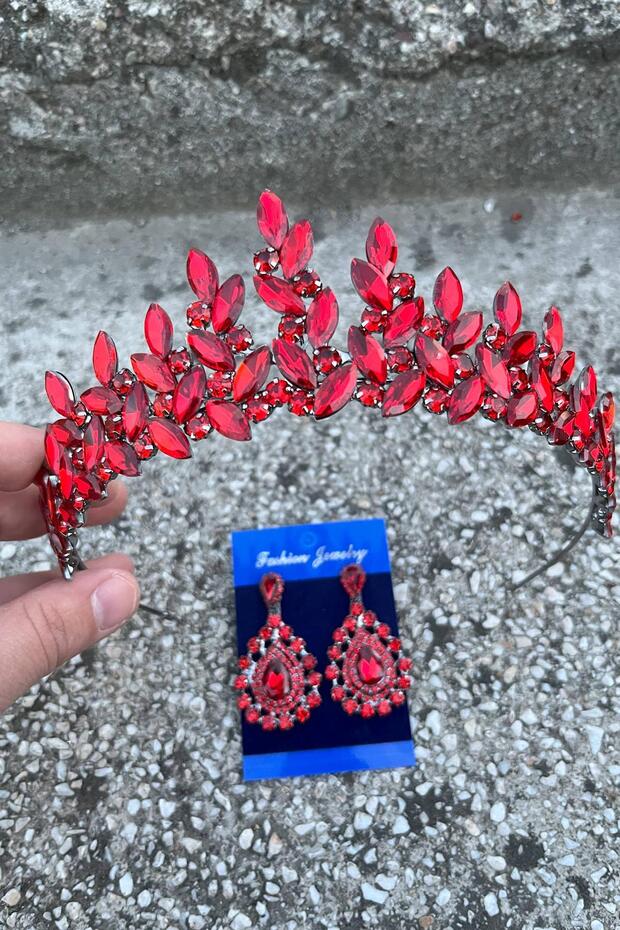 Regina Red Bridal Henna Crown Special Occasion Accessory Women's Crown and Drop Shuttle Earrings Set