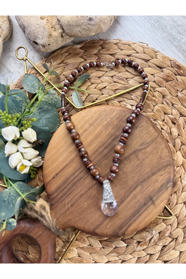 Kristal taşlı ahşap boncuklu bohem kolye - 2