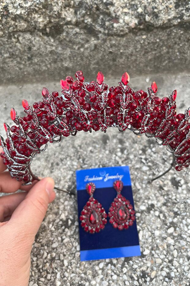 Salome Burgundy Bridal Henna Crown Special Occasion Accessory Women's Crown and Drop Shuttle Earring Set