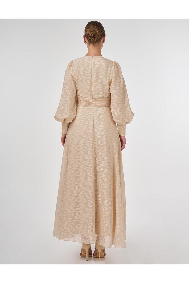 Drape Detaylı Jakarlı Elbise Kum Beji - 4