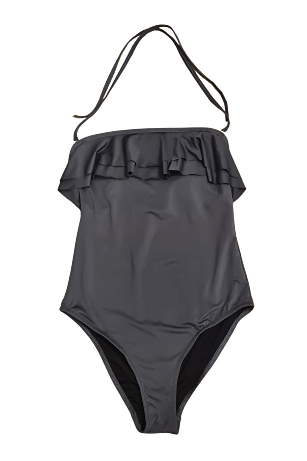 Ruffled Plain Strap Gray Women's Swimsuit