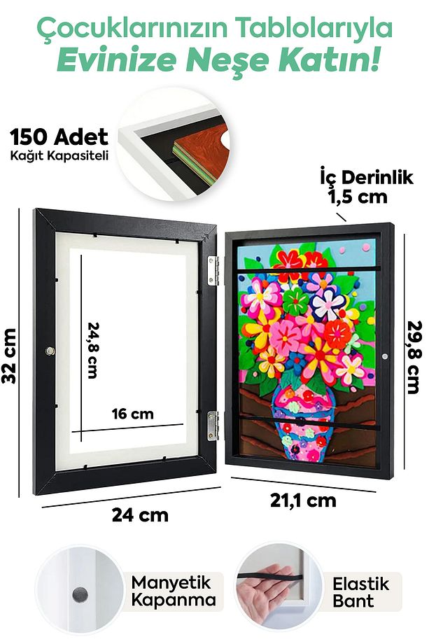 A4 Katlanabilir Çocuk Sanat Resim Çerçevesi, Mıknatıslı Kapaklı Beyaz - 2
