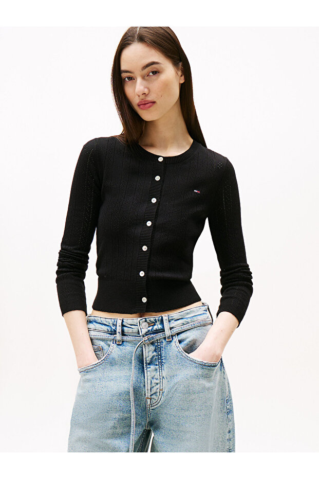 Szybki kardigan z okrągłym dekoltem i wzorem pointelle - 5