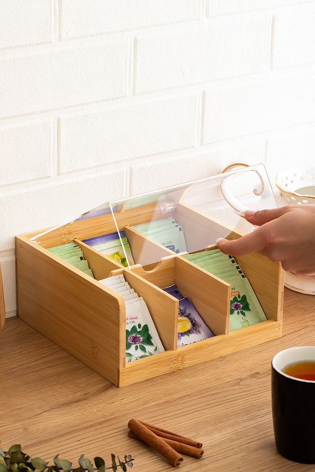 Home 005 Ahşap Bambu 6 Bölmeli Organizer Poşet Sallama Çay Kutusu Bitki Çayı Kutusu Saklama Kabı - 2