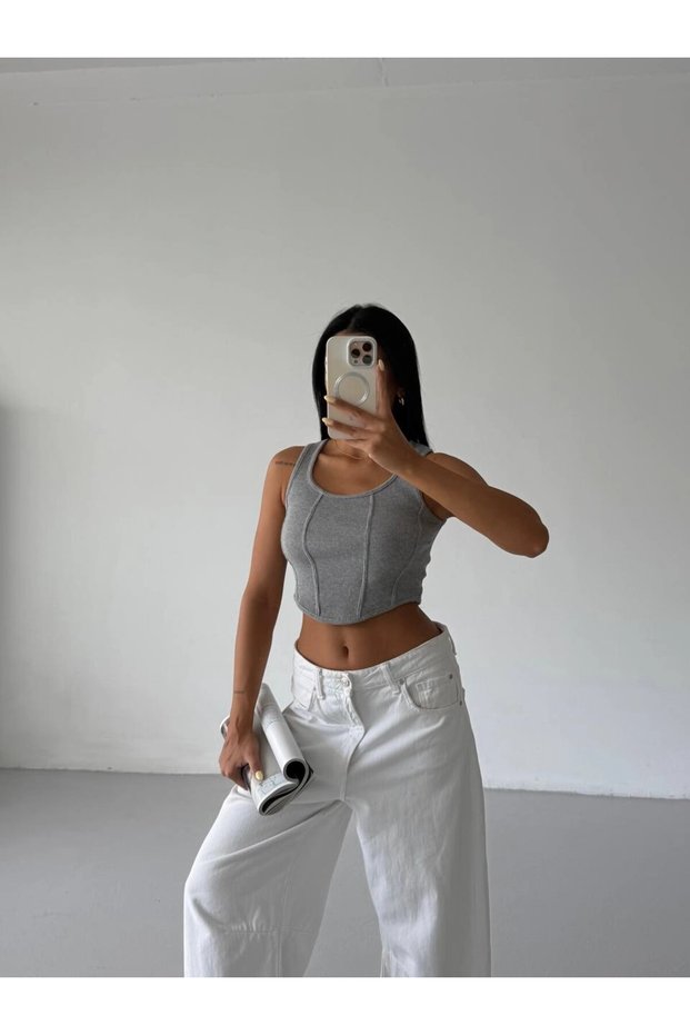 Women's Gray Ribbed Camisole Crop Blouse Hzl25S-Fry123171