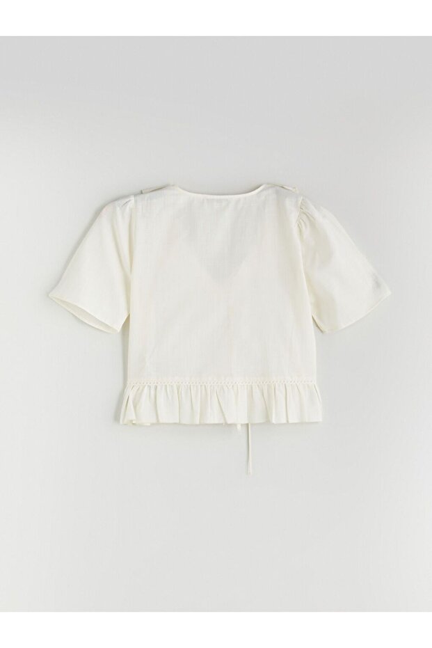 LCW Vision V Yaka Önü Fiyonklu Fırfırlı Crop Bluz - 7