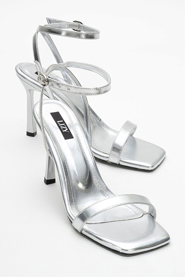 Silver patent thin heeled women's shoes
