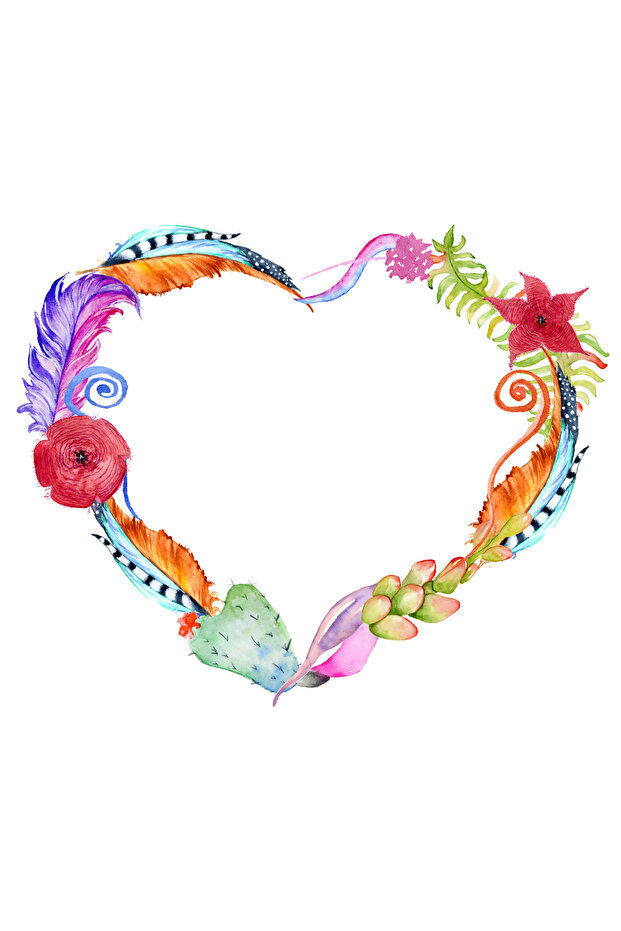 Heart Frame with Feathers and Flowers