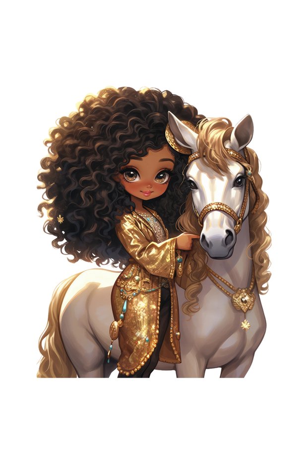 White Horse and Golden Dress Curly Hair Girl Wall Sticker