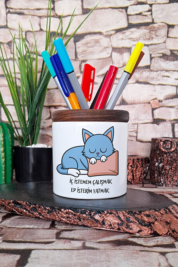 I Don'T Want to Work Cute Cat Fun Funny Gift Printed Ceramic Pen Holder