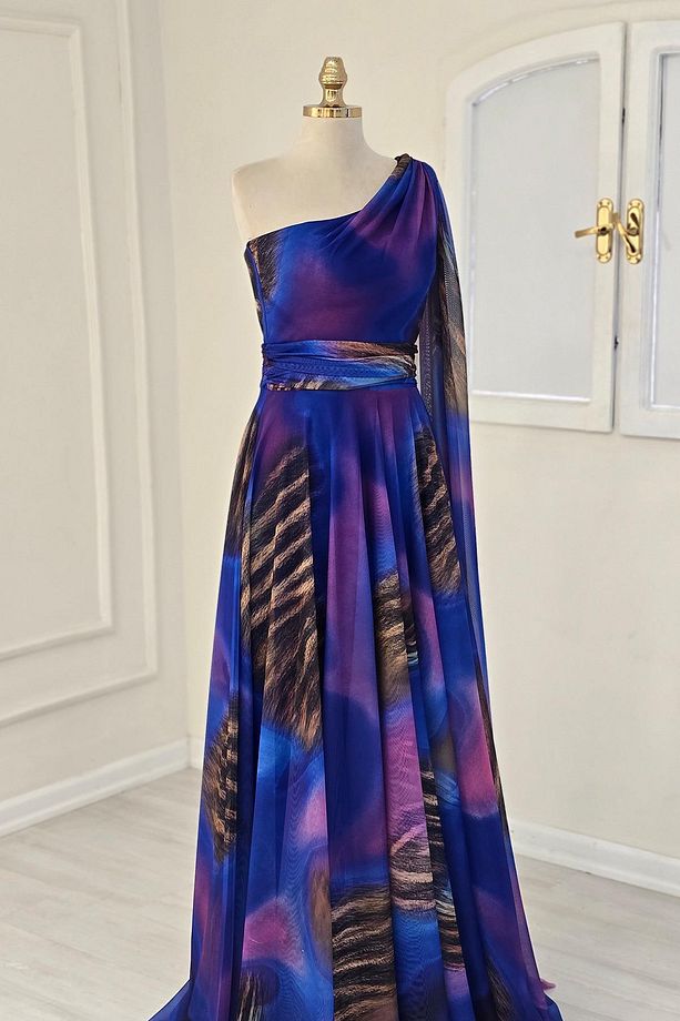 Saks Mavi Tek Omuz Desenli Abiye 7280 - 2