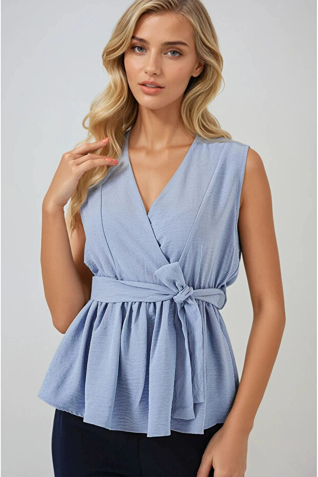Women's Blue Double Breasted Collar Elastic Waist Belted Blouse Hzl25S-Bd19661