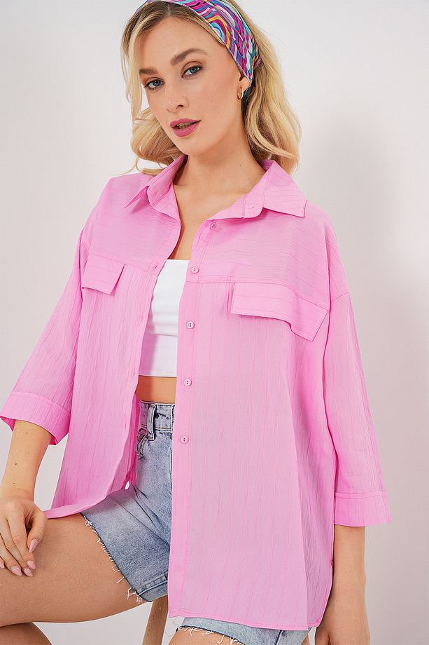 Kadın Cep Detaylı Kısa Kol Gömlek 20317 - Pembe - 4
