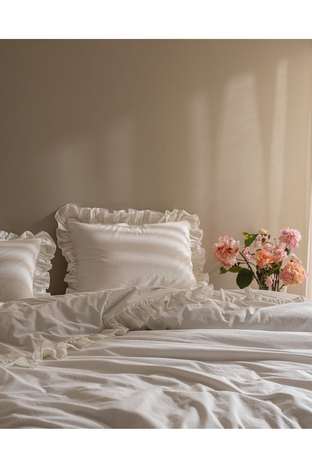Obernai King Size %100 Pamuk Fırfırlı Düz Yıkamalı Nevresim Takımı - Beyaz - 2