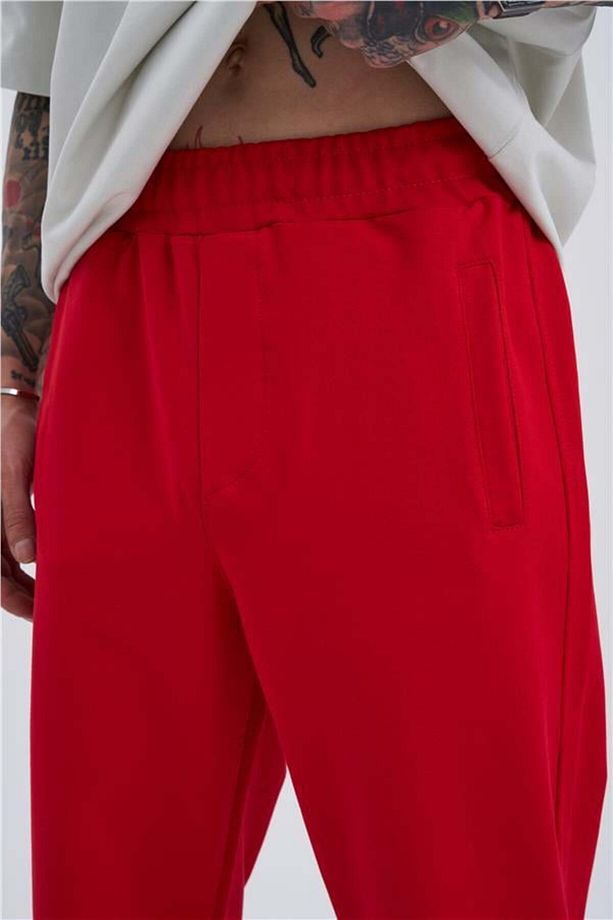 Oversize Basic Bel Paça Lastikli 3 Cepli Jogger Eşofman Altı RED - 3