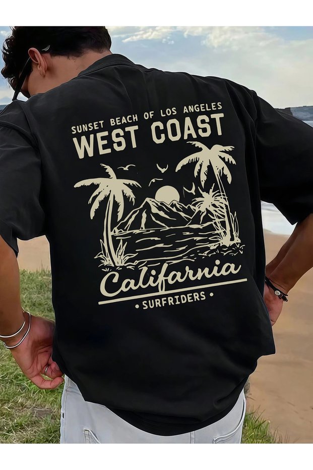 Unisex Oversize Printed Cotton Crew Neck Short Sleeve Black T-Shirt California