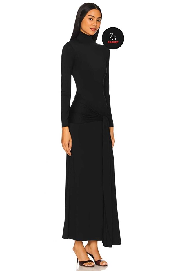 Women's Black Self Belted Full Lined Zipper Silk Jersey Maxi Dress