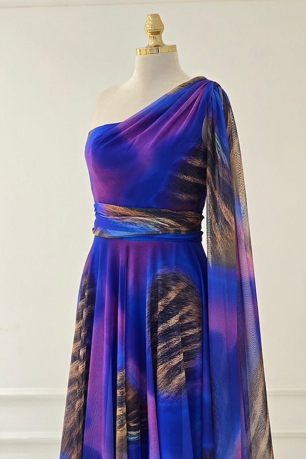 Saks Mavi Tek Omuz Desenli Abiye 7280 - 6