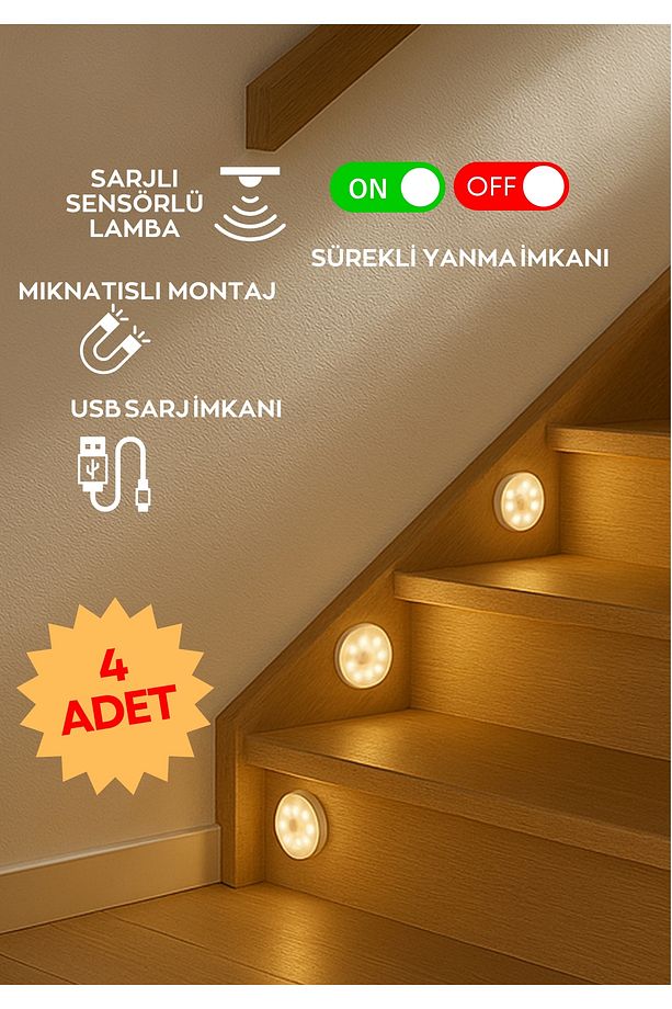 Homing 4 ADET Hareket Sensörlü Işık Mıknatıslı Dolap İçi Led Spot - 1