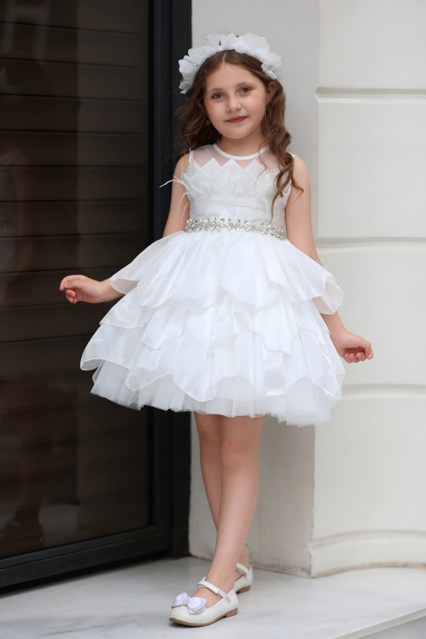 Silvery Shiny Satin Slitted Pleated Detail Girl's Evening Dress with Stone Accessories