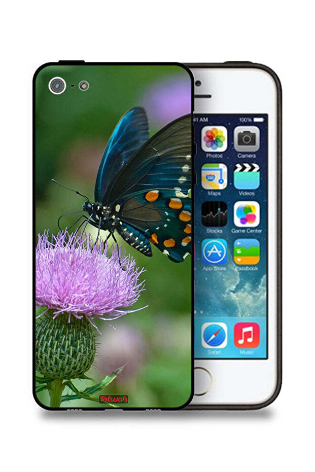 غطاء حماية لجهاز Apple iPhone 5/5s/SE بتصميم فراشة تجلس على زهرة