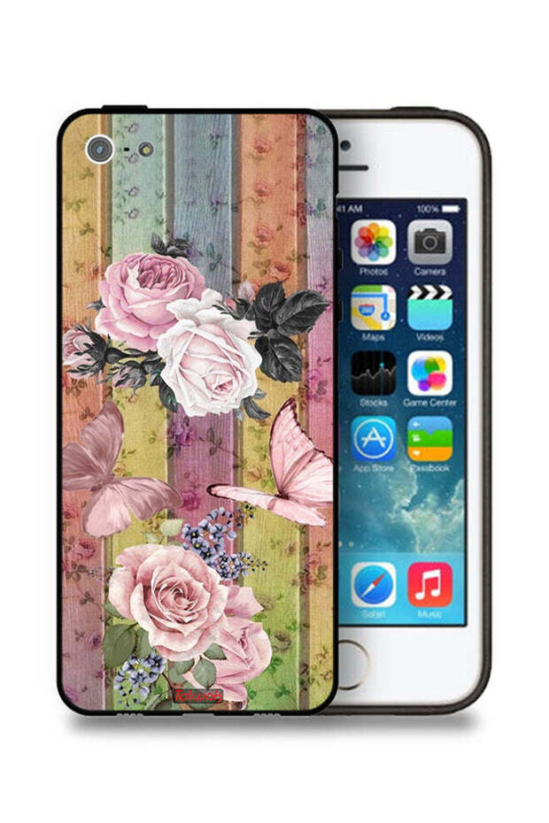 غطاء حماية لجهاز Apple iPhone 5/5s/SE بنقشة فراشات الخوخ والورود