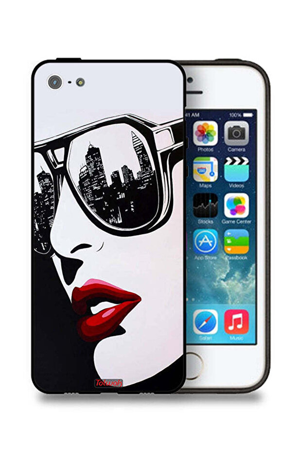 غطاء حماية لجهاز Apple iPhone 5/5s/SE بتصميم وجه فتاة وفن تجريدي