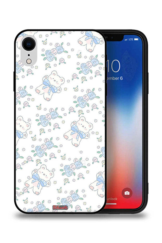 جراب حماية لجهاز Apple iPhone XR برسومات دب تيدي لطيف وزهور