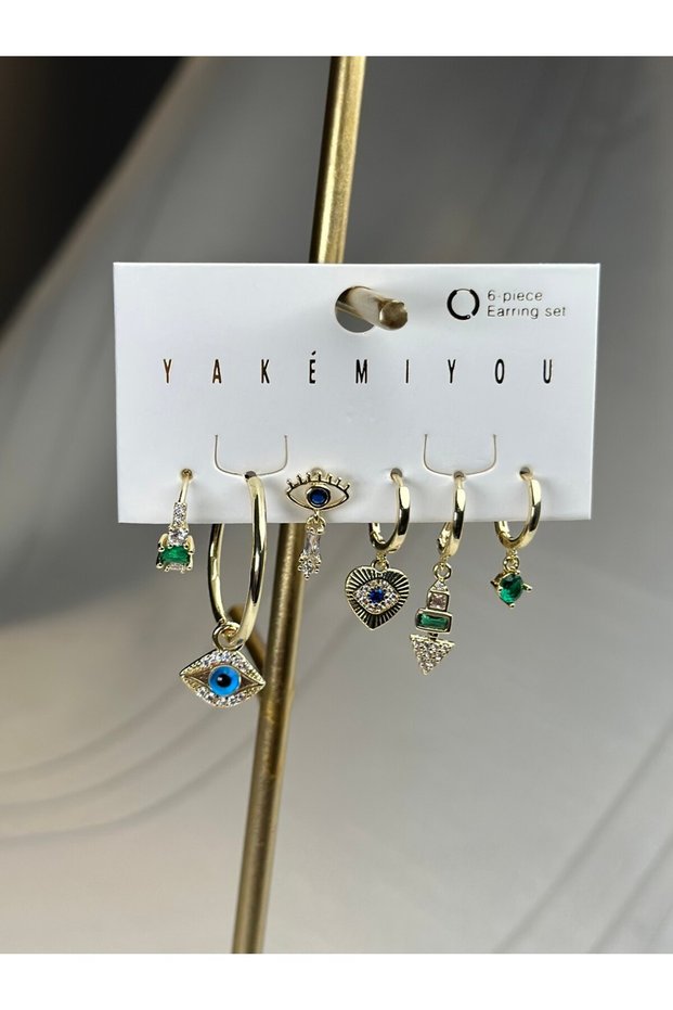 Special Series Gold Color Blue Eye Detail Set of Six Earrings