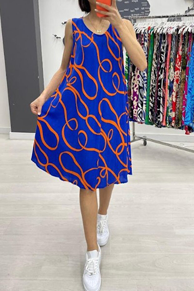 Women's Blue Orange Patterned Sleeveless Midi Dress