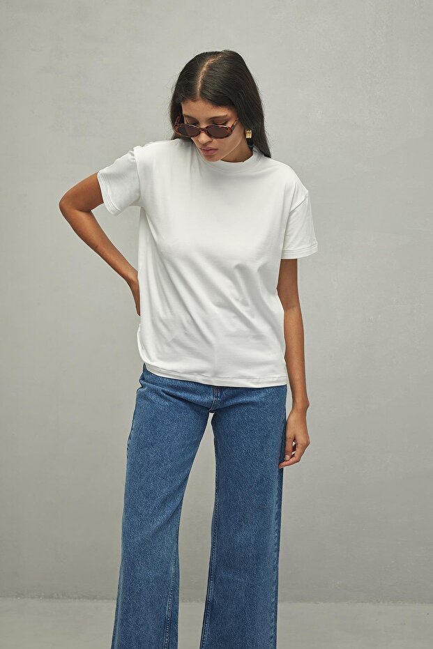 Basic Modal Dokuma Tişört Beyaz - 5