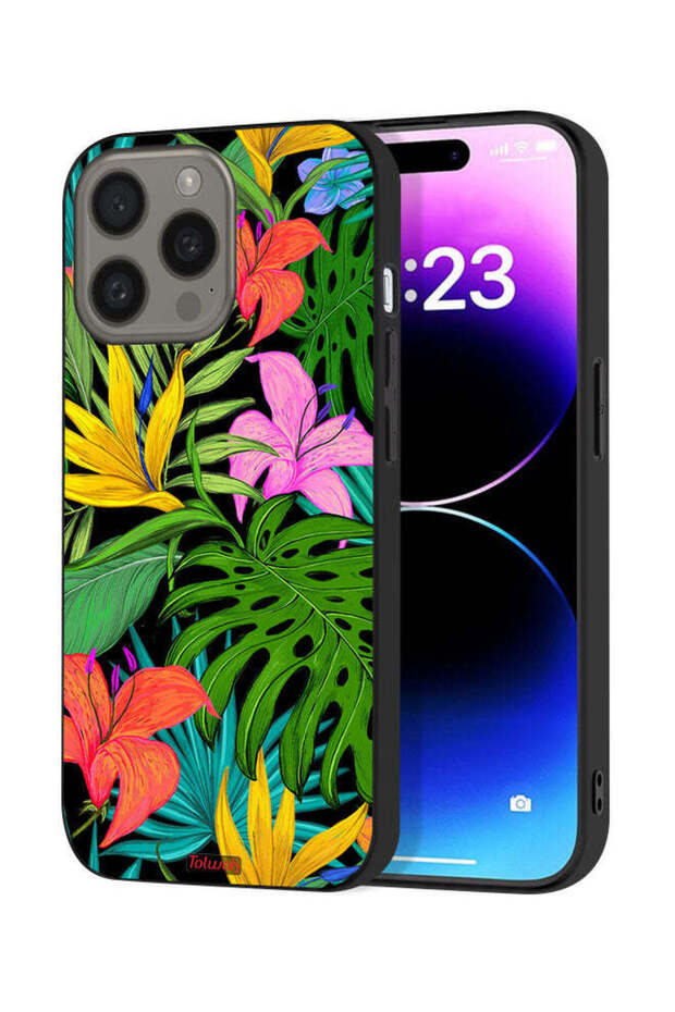 غطاء حماية لجهاز Apple iPhone 15 Pro بنقشة زهور استوائية وأوراق الشجر