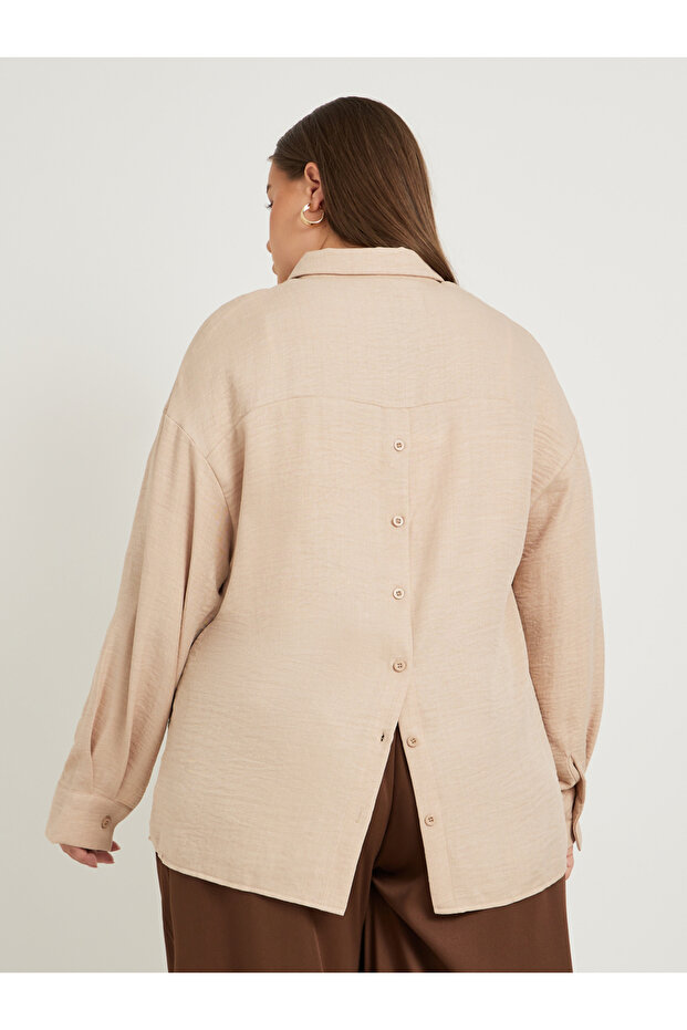 قميص بمقاس كبير بمظهر الكتان الصلب وأزرار خلفية وقصة عادية - 5