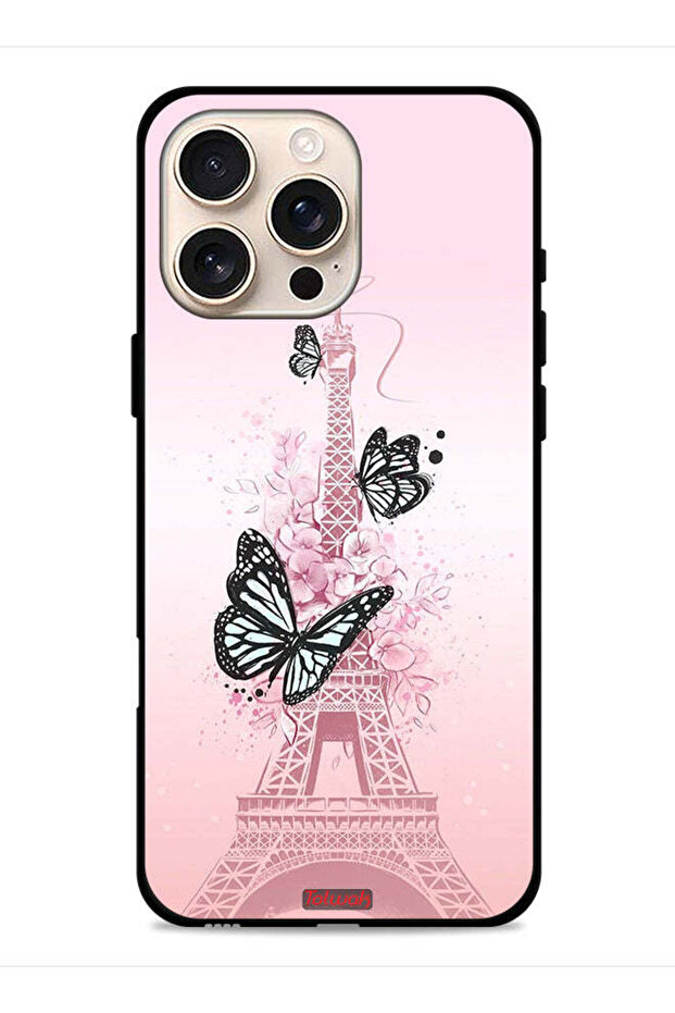 غطاء حماية لجهاز Apple iPhone 16 Pro Max بتصميم فراشات على برج إيفل