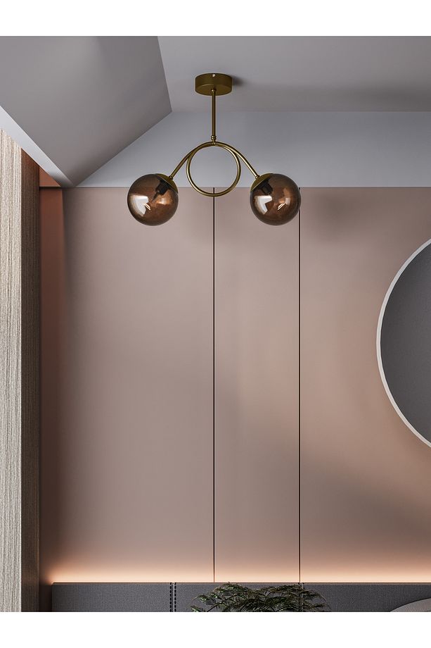 ARVEN Modern Eskitme Metal Gövdeli 2'li Bal Cam Küre Avize | Yay Formlu Aydınlatma Avize Modeli - 3