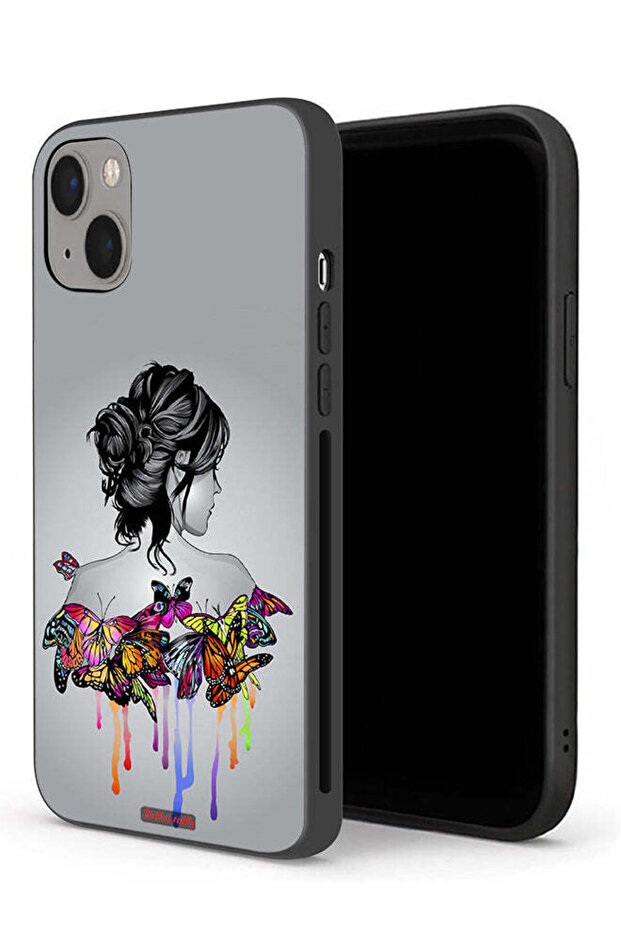 غطاء حماية لجهاز Apple iPhone 13 mini برسومات فراشات وفتاة فنية تجريدية