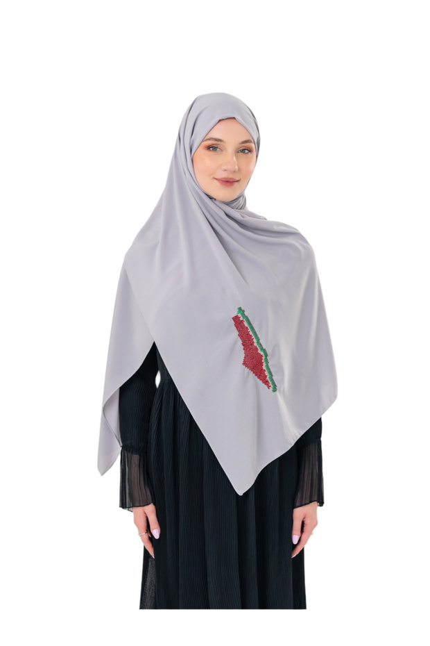 Polyster Gray Color Shawl Palestine Map Embroidered with Watermelon Colors S100036