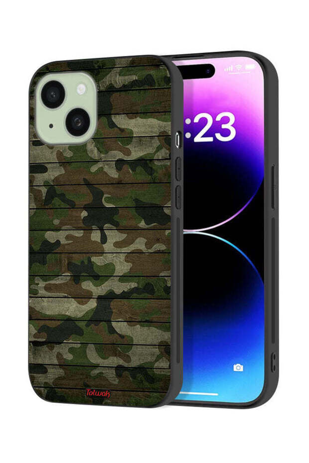 Apple iPhone 15 Plus Protective Case Cover Camouflage Wooden Pattern