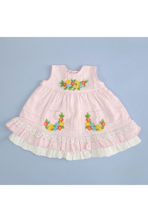 Organic Cotton Flowers Hand-Embroidered Baby Pink Girls Peony Dress