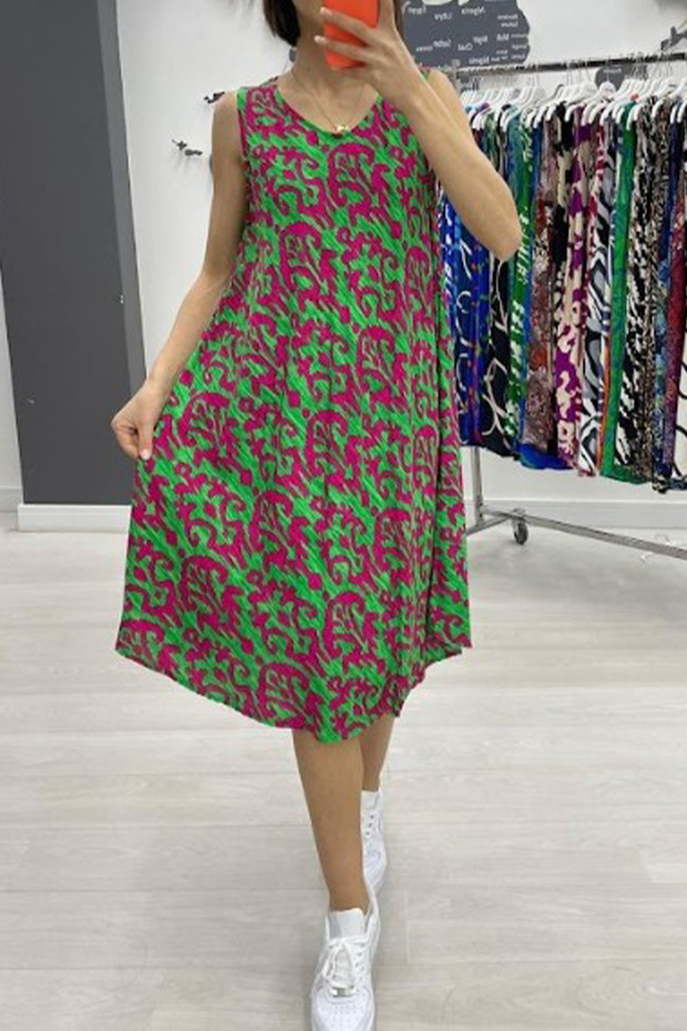 Women's Green Fuchsia Patterned Sleeveless Midi Dress