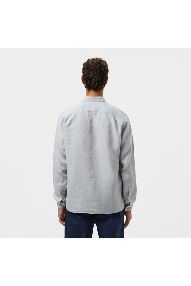 Erkek Regular Fit Düğmeli Yaka Keten Gri Gömlek - 3