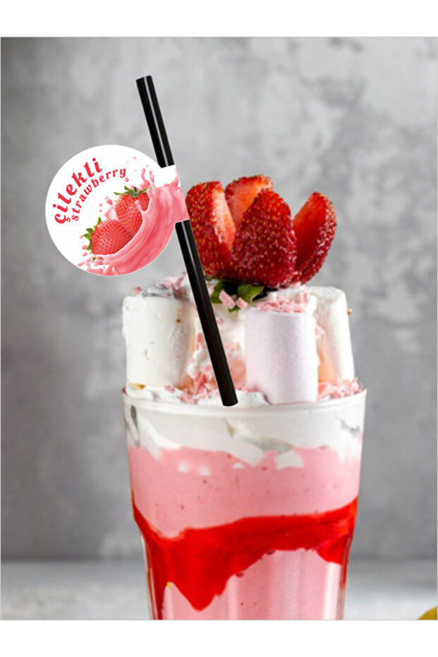 Çilekli Bayraklı Pipet 21,5 cm Siyah Pipet , 8mm Kalınlık , 20 Adet - 5