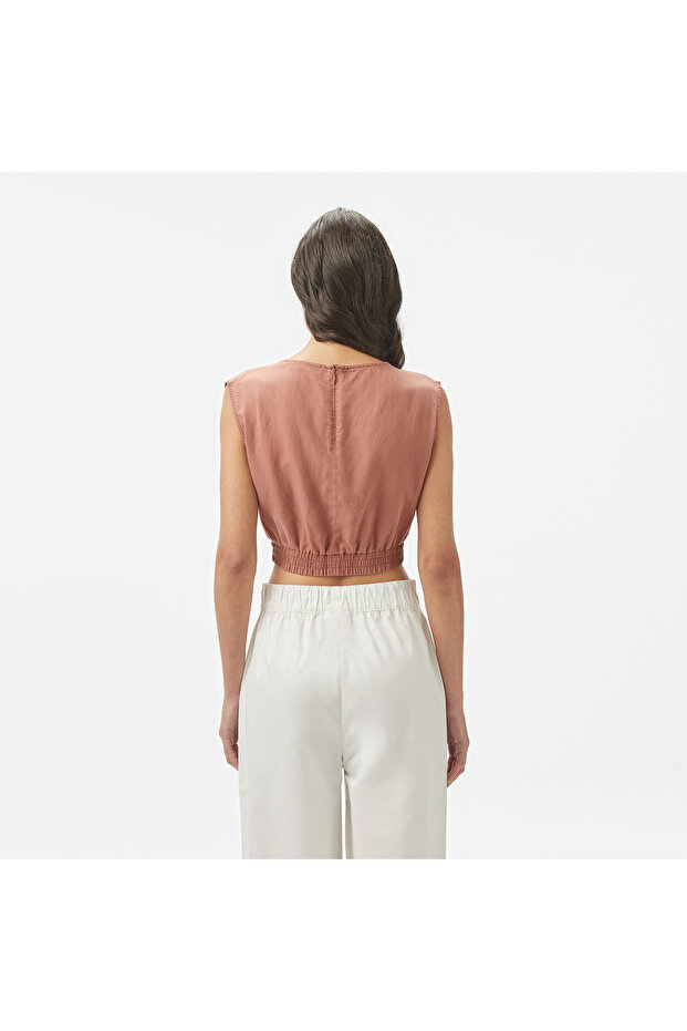 Kadın Regular Fit Kolsuz Bisiklet Yaka Kahverengi Bluz - 2