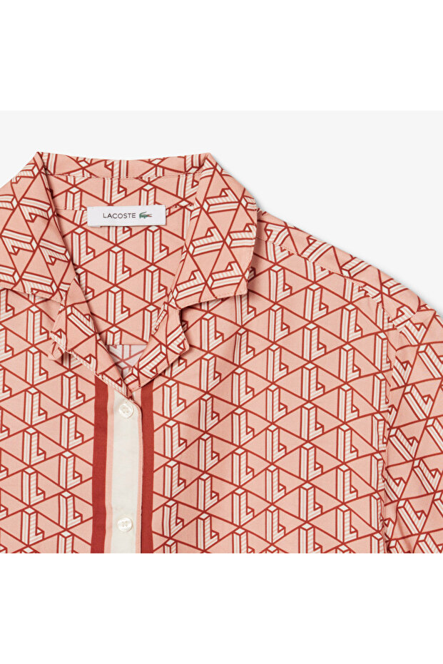 Kadın Oversize Fit Kısa Kollu Monogram Bej Gömlek - 5