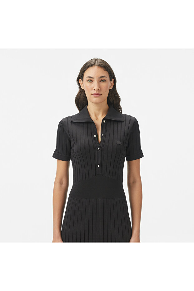 Kadın Flare Fit Kısa Kollu Polo Yaka Siyah Elbise - 4