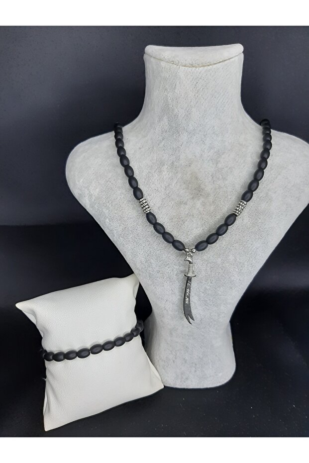 Onyx Natural Stone Necklace and Bracelet Set – Zülfikar Sword Tip – Handmade