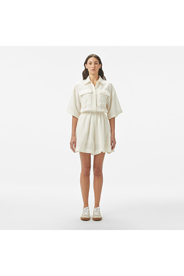 Kadın Flare Fit Kısa Kollu Gömlek Yaka Beyaz Elbise - 1