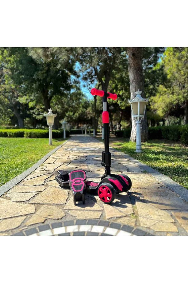 Combo 3 Tekerlekli Katlanabilir Işıklı Oturaklı Scooter - Pembe - 4